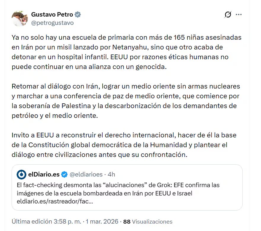 Petro mencionó ataques a escuelas y hospitales infantiles como evidencia de la gravedad del conflicto en Medio Oriente - crédito @petrogustavo/X