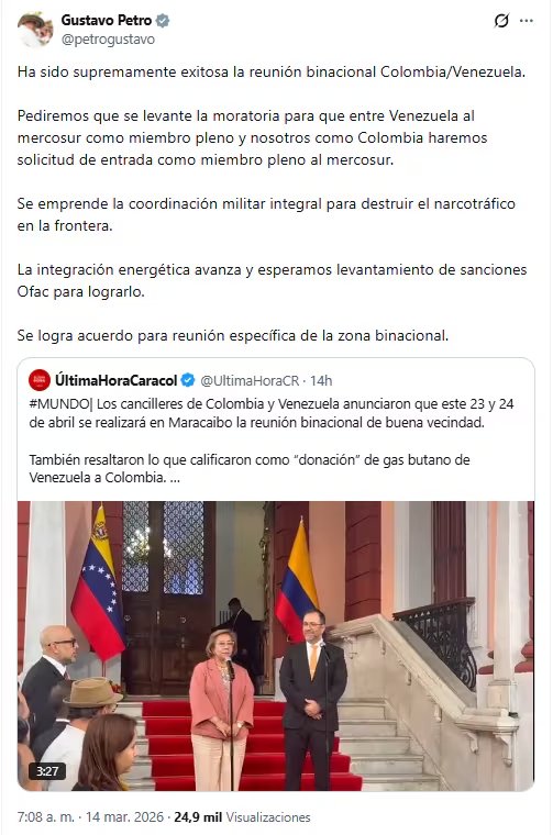 El primer mandatario tildó de supremamente exitosa la reunión binacional de ambos países - crédito @petrogustavo/X