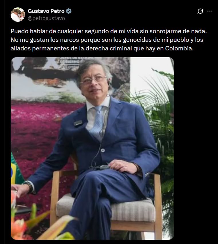 Gustavo Petro afirmó que no le gustan los narcotraficantes, ya que, según el mandatario, son los “genocidas” de Colombia - crédito @petrogustavo/X