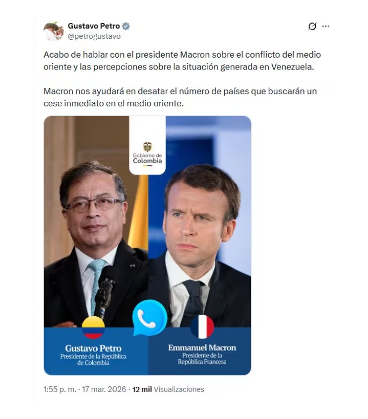 El presidente Gustavo Petro confirmó en sus redes sociales que habló con su par francés, Emmanuel Macron - crédito @petrogustavo/X