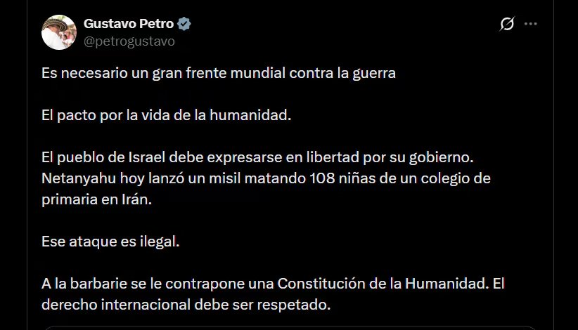 Gustavo Petro cuestionó al primer ministro de Israel, Benjamín Netanyahu, a quien responsabilizó del ataque, el cual, según el presidente colombiano, calificó de ilegal - crédito @petrogustavo/X