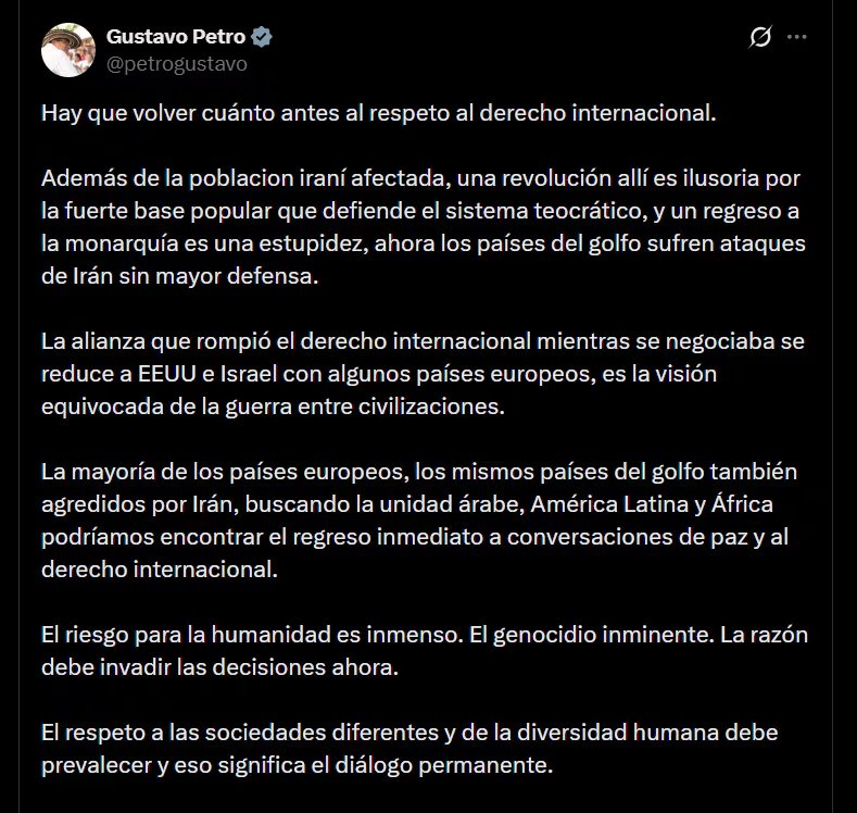 Gustavo Petro indicó que el diálogo debe ser permanente con el propósito, según el presidente de Colombia - crédito @petrogustavo/X