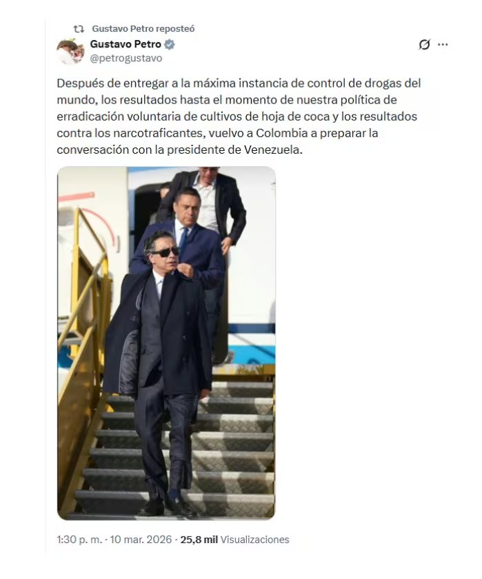 El presidente Gustavo Petro emitió un breve pronunciamiento sobre su encuentro con Delcy Rodríguez, gobernante interina de Venezuela, previsto para el 13 de marzo - crédito @petrogustavo/X
