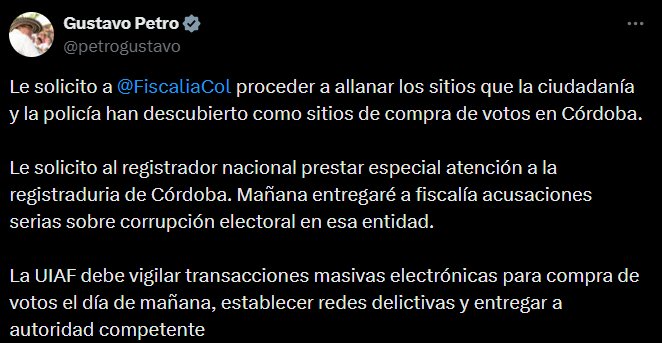 El presidente solicita a la UIAF monitorear transacciones sospechosas para evitar la compra de votos. - crédito @petrogustavo/X