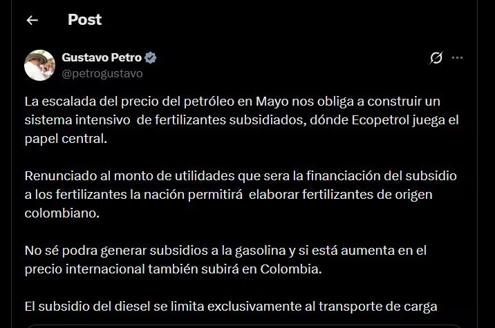 Petro agregó que el subsidio al diésel se mantendrá, pero únicamente para el transporte de carga - crédito @petrogustavo/X