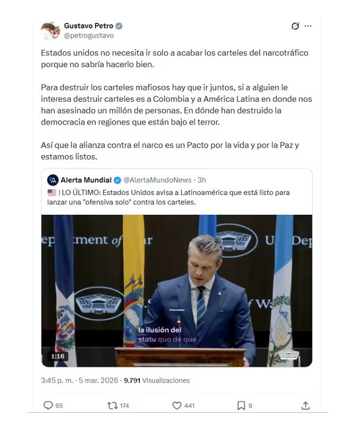 Con este mensaje en X, el presidente Gustavo Petro le salió al paso a lo dicho por Pete Hegseth, secretario de Guerra de EE. UU., sobre la lucha contra el narcotráfico - crédito @petrogustavo/X