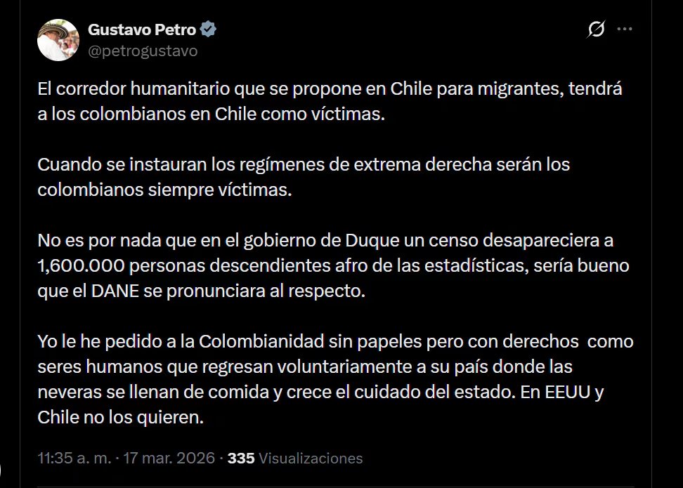 Gustavo Petro señala que los regímenes de extrema derecha en Chile generan un riesgo para los nacionales colombianos residentes - crédito X
