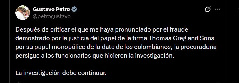 Gustavo Petro aseguró que la Procuraduría “persigue” a los 16 funcionarios que realizaron la investigación para la SIC - crédito @petrogustavo/X