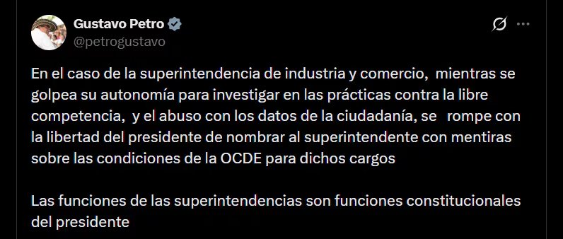 Según Gustavo Petro, las funciones que realizan los superintendentes delegados son constitucionales del presidente de Colombia - crédito @petrogustavo/X