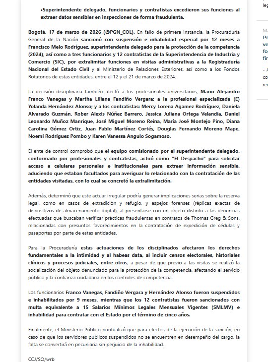 La Procuraduría General identificó que un grupo de funcionarios y contratistas, bajo la coordinación de un delegado del superintendente, conformó un equipo que operó como “El Despacho” y solicitó el acceso a teléfonos móviles personales e institucionales - crédito Procuraduría