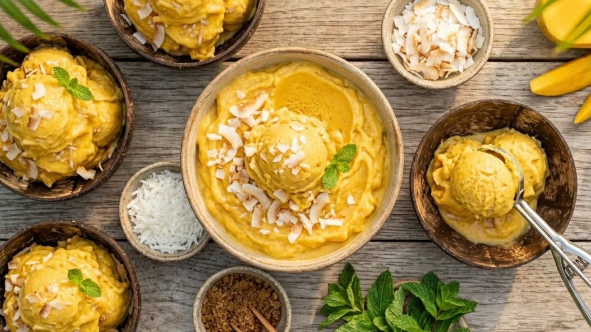 Imagen ilustrativa de helado de mango con leche de coco (Gemini)