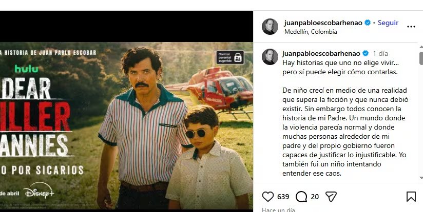 El hijo del fundador del cartel de Medellín rompió el silencio antes del estreno de su serie - crédito @juanpabloescobarhenao/Instagram