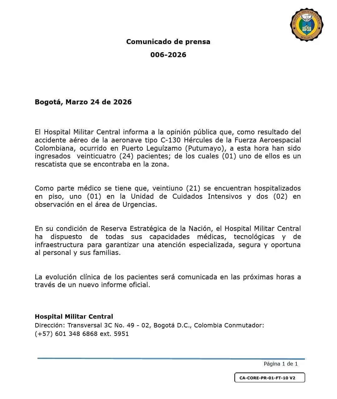 Dos de los afectados están en el área de urgencias y uno en la Unidad de Cuidados Intensivos (UCI) - crédito Hospital Militar