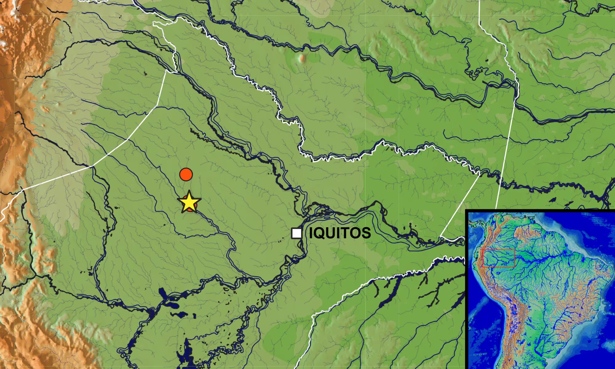 Mapa ilustrativo que resalta la región de Loreto en la Amazonía peruana, donde investigadores confirmaron el descubrimiento de la nueva especie de pez Pyrrhulina punctata en el río Tigre. (Foto: Instituto de Investigaciones de la Amazonía Peruana )