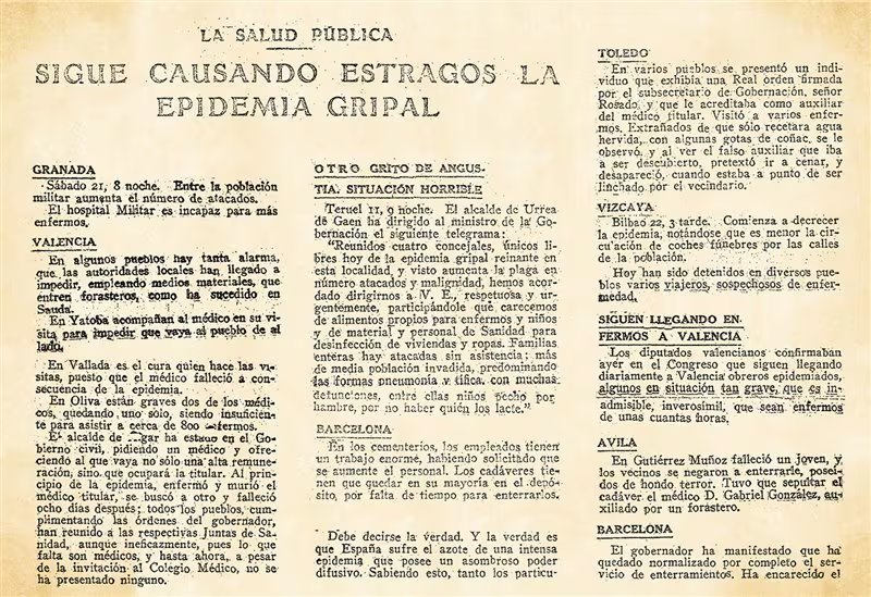 La información del diario ABC detalla reportes de distintas ciudades que dan cuenta del aumento de enfermos, la saturación de hospitales y el impacto social de la epidemia en España (captura)
