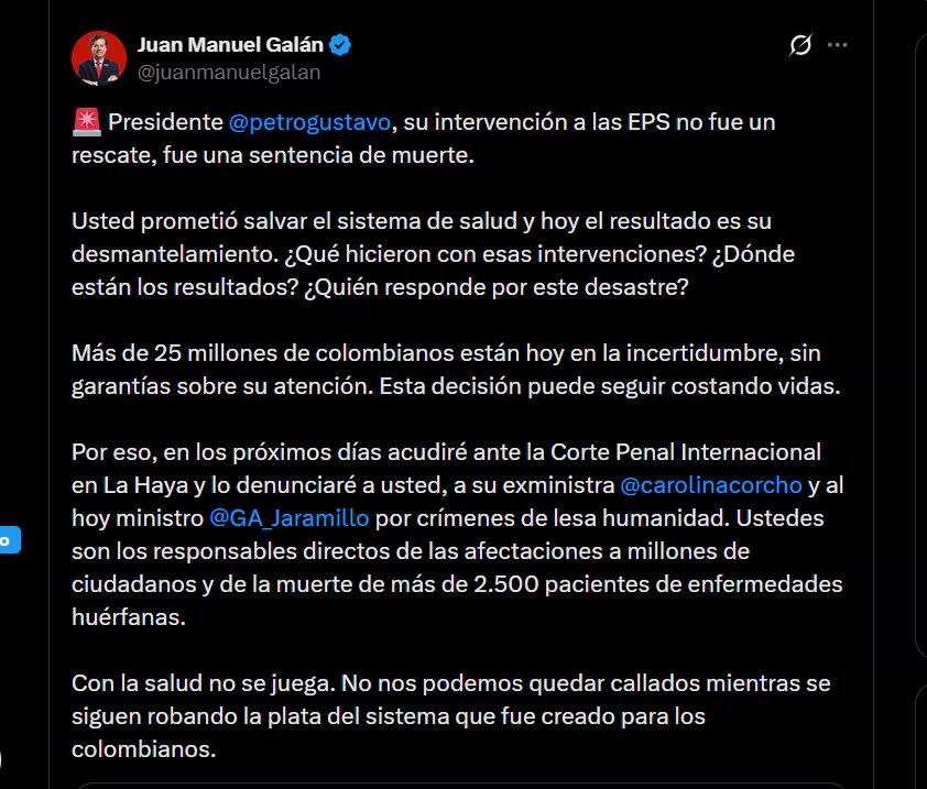 Juan Manuel Galán aseguró que no se pueden quedar callados “mientras se siguen robando la plata” de las EPS - crédito @juanmanuelgalan/X