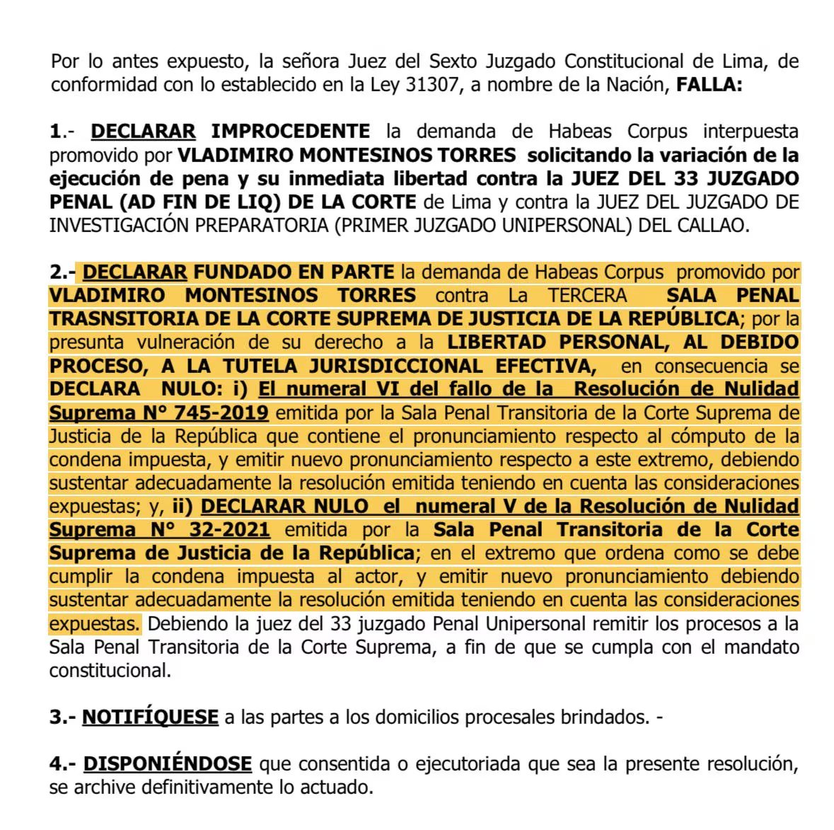 Jueza falla a favor de Vladimiro Montesinos
