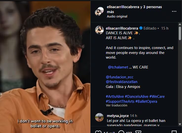Los comentarios de Timothée Chalamet sobre la supuesta pérdida de relevancia del ballet y la ópera generaron una ola de reacciones en el mundo artístico. Entre ellas destacó la respuesta de la bailarina mexicana Elisa Carrillo. (Captura de pantalla)