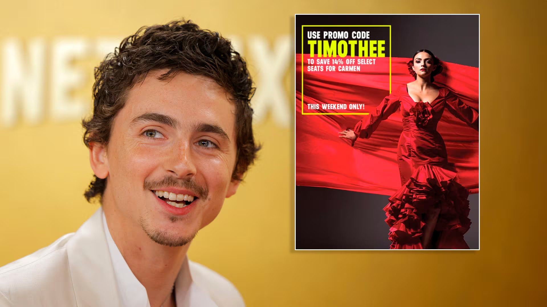 El actor Timothée Chalamet es captado sonriendo durante un evento, cerca de un póster que usa su nombre como código promocional para descuentos en entradas para Carmen.