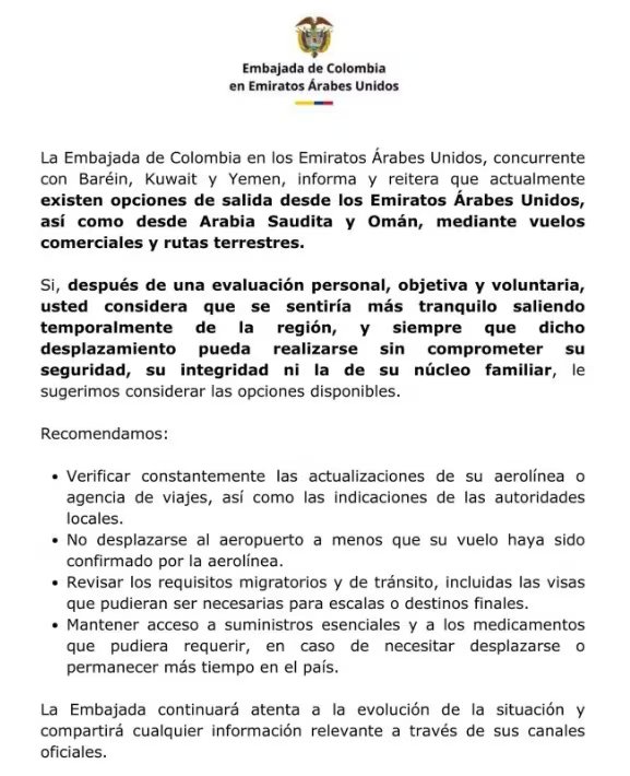 El organismo diplomático confirmó la existencia de vuelos y rutas terrestres disponibles para quienes buscan dejar Emiratos Árabes Unidos, Arabia Saudita u Omán debido al contexto de conflicto y priorizando la seguridad individual - crédito Embajada de Colombia en Emiratos Árabes Unidos