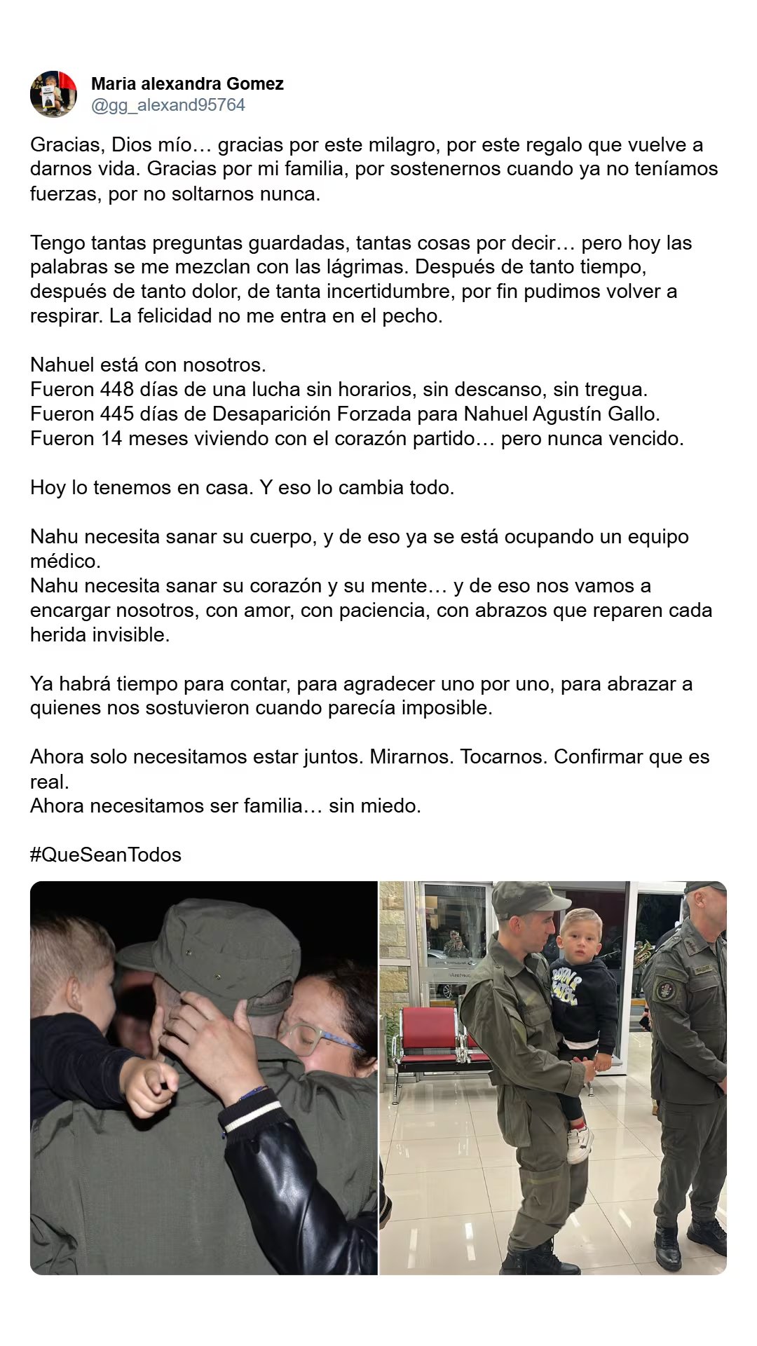 María Alexandra Gómez agradeció el apoyo recibido durante los meses de lucha por la libertad de su esposo