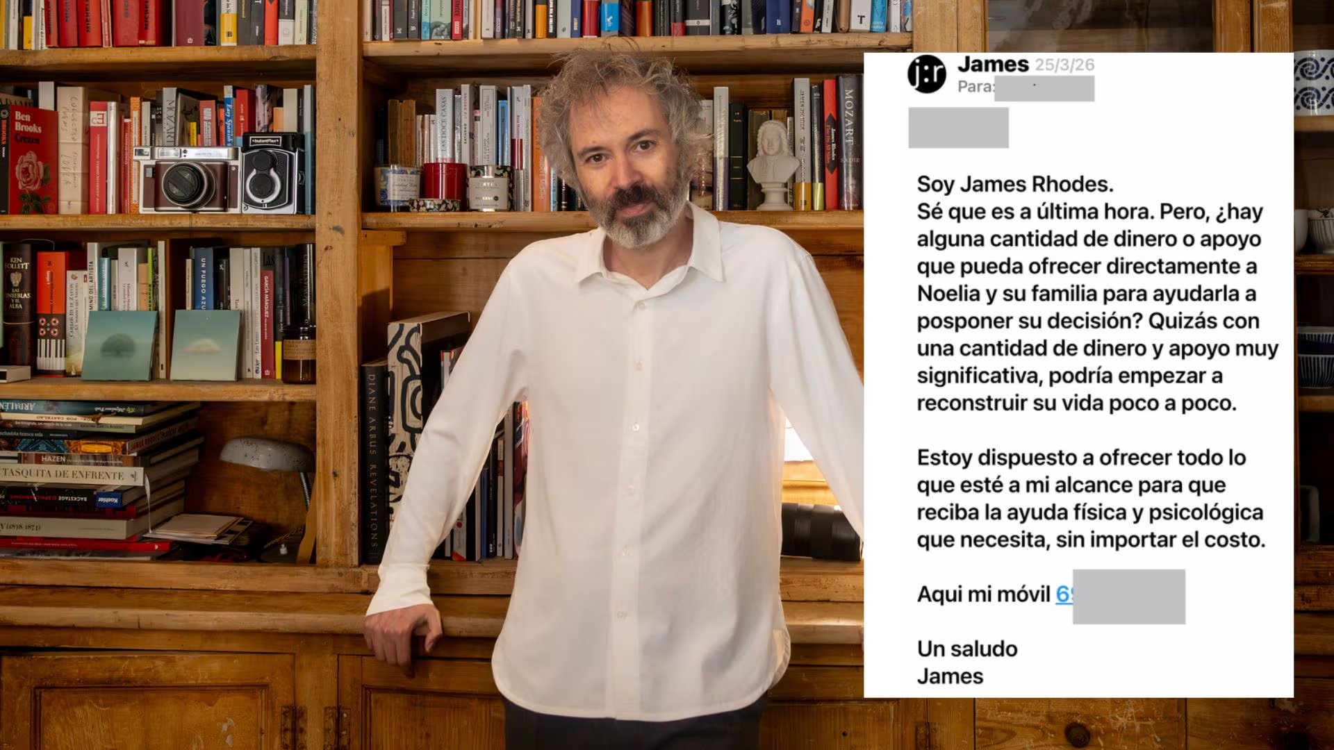 El pianista James Rhodes junto al mensaje que ha publicado para pedir a Noelia Castillo que posponga su eutanasia. (Europa Press/Instagram)