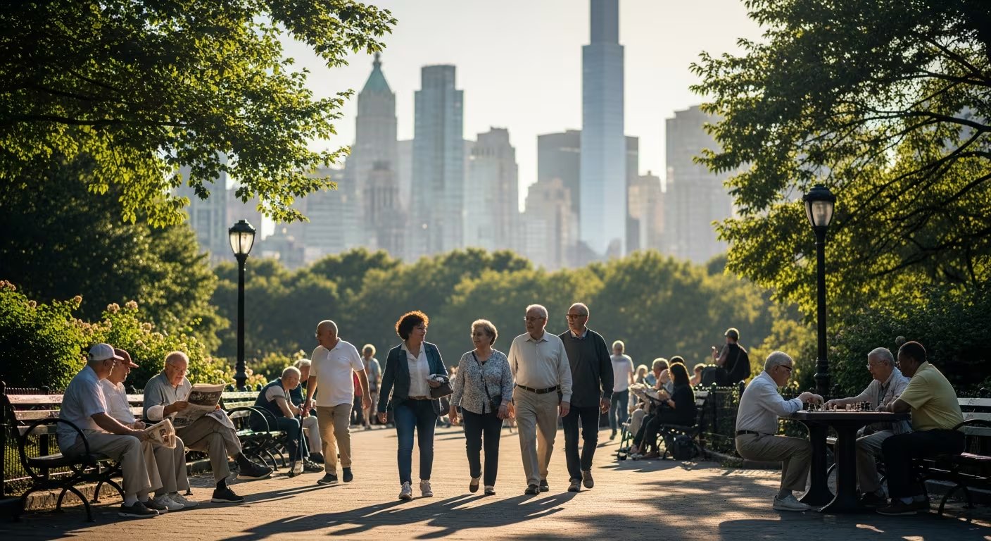 Adultos mayores caminan y socializan en un vibrante parque de Nueva York, con el horizonte urbano visible de fondo. (Imagen Ilustrativa Infobae)