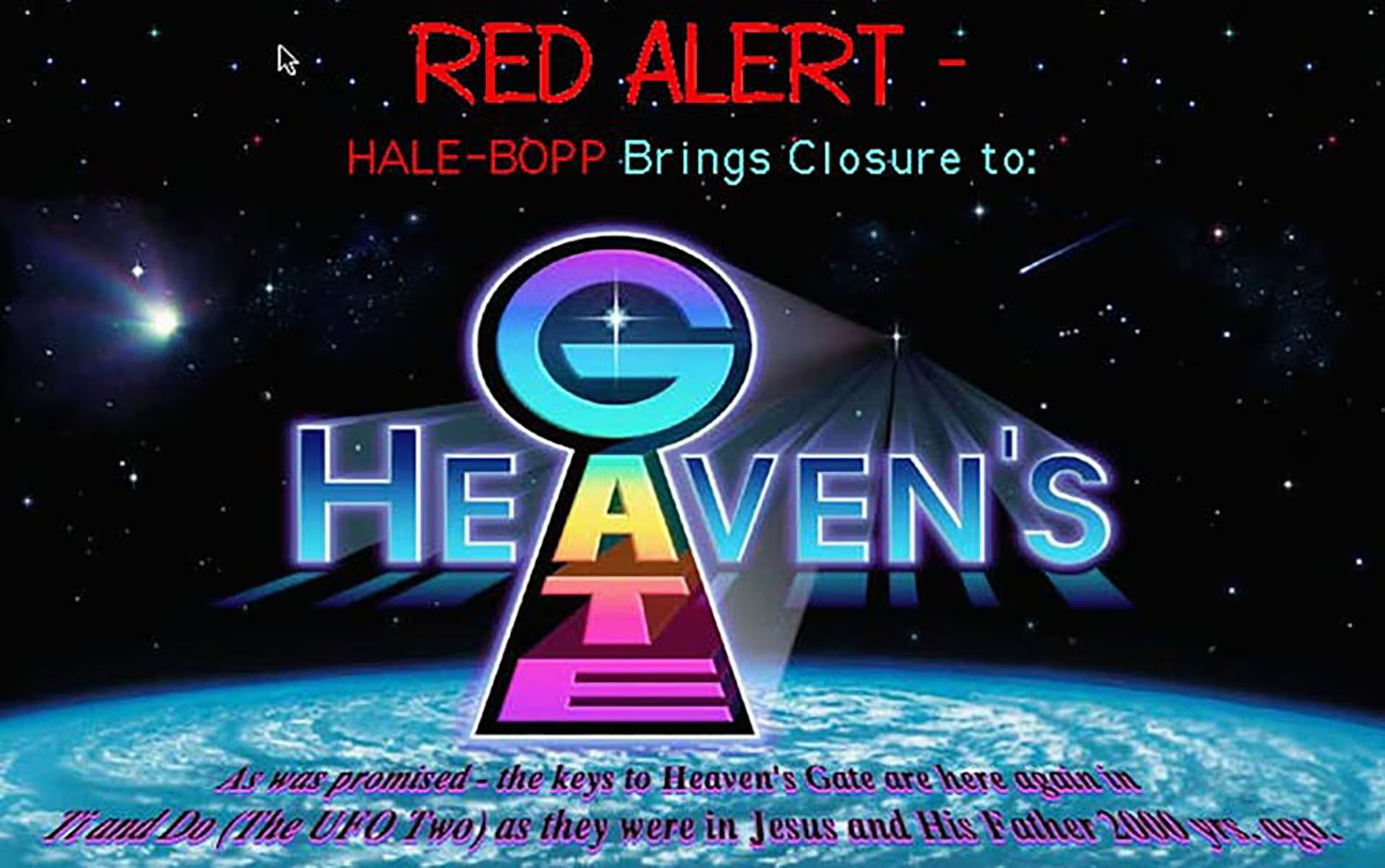 Una captura de pantalla del sitio web de la secta del año 1997 describe el deseo del grupo de abandonar la Tierra y encontrarse con una nave espacial detrás del cometa Hale-Bopp (AP)