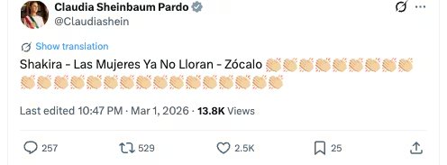 La presidenta de México reaccionó al show en el Zócalo. (@Claudiashein)