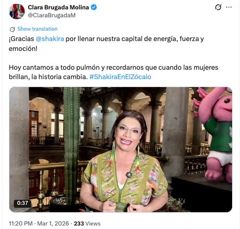 La jefa de Gobierno de la CDMX agradeció a la cantante colombiana. (@ClaraBrugadaM)
