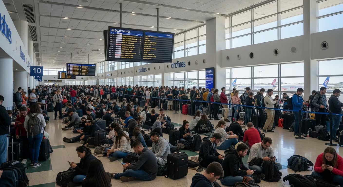 Cientos de pasajeros, muchos sentados en el suelo, esperan en largas filas debido a significativas demoras en un aeropuerto de Estados Unidos. (Imagen Ilustrativa Infobae)