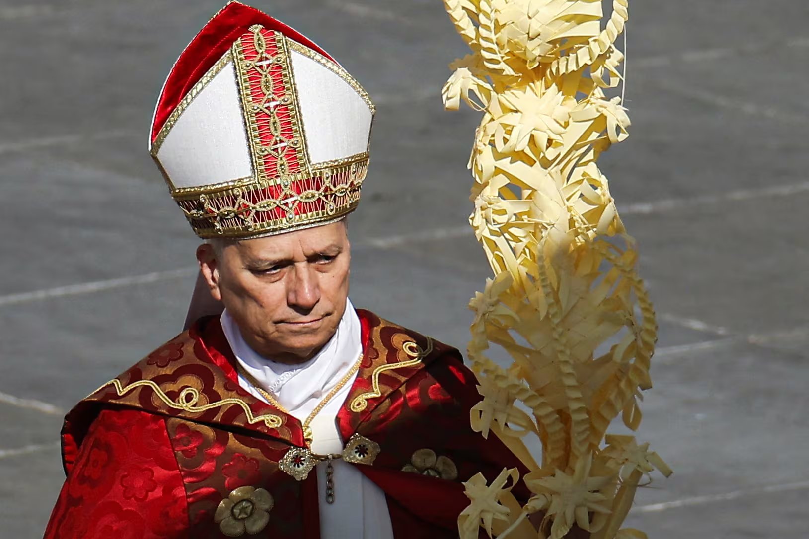 El papa León XIV sostiene una rama de palma durante la misa del Domingo de Ramos en la Plaza de San Pedro. Es el primer pontífice estadounidense de la historia. (REUTERS/Francesco Fotia)