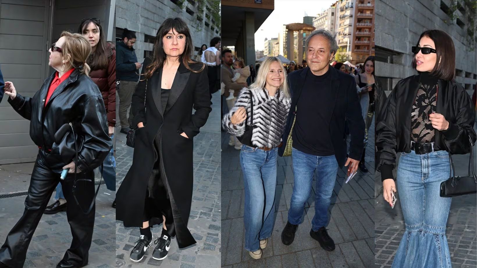 (I-D) Carmen Machi, Eva Amaral, Eugenia Martínez de Irujo junto a Narcís Rebollo y Hiba Abouk llegando al concierto de Rosalía (Montaje de Infobae con fotos de Europa Press)