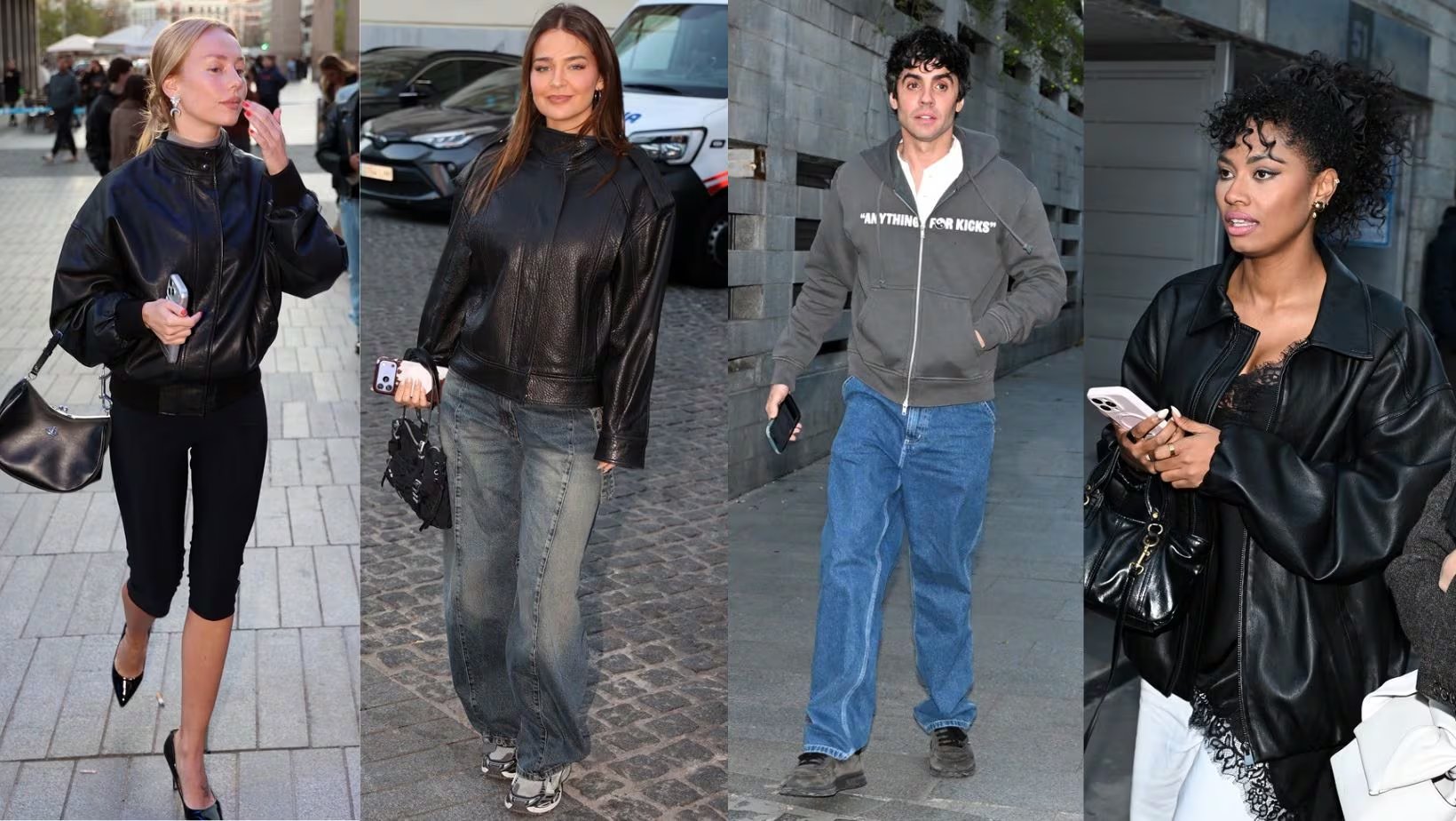 (I-D) Ester Expósito, Laura Escanes, Javier Ambrossi y Nia Correia llegando al concierto de Rosalía (Montaje de Infobae con fotos de Europa Press)