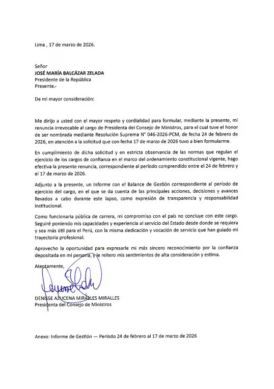Carta de renuncia de Denisse Miralles afirma que su decisión se produjo a pedido del presidente José María Balcázar. (Foto: PCM)