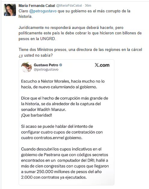 La senadora María Fernanda Cabal arremetió contra el presidente Gustavo Petro por el escándalo de la Unidad Nacional para la Gestión del Riesgo de Desastres - crédito María Fernda Cabal/X