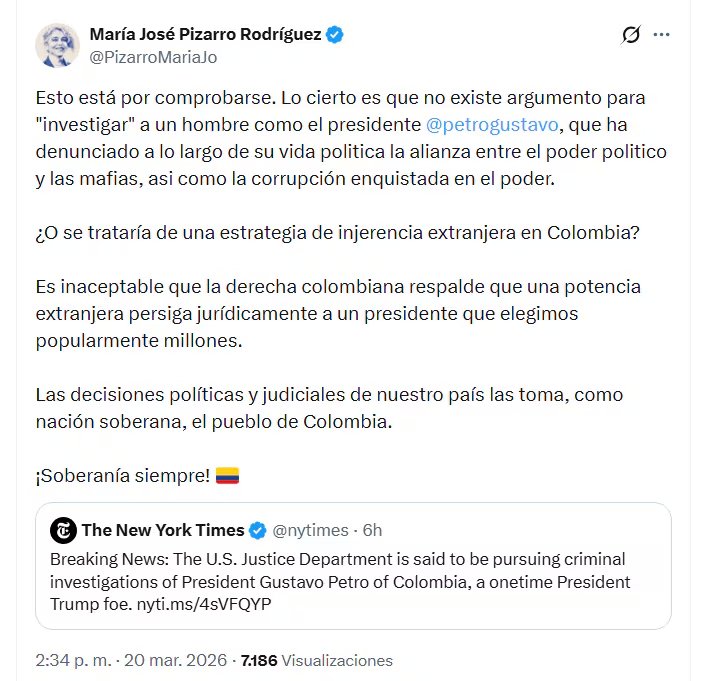 María José Pizarro salió en defensa del presidente Gustavo Petro ante la reciente información publicada por 'The New York Times' - crédito @PizarroMariaJo/X