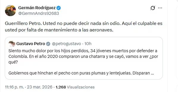 El mayor (r) Germán Rodríguez apuntó al presidente Gustavo Petro como el principal responsable de la tragedia aérea - crédito @GermnAndrs92683/X