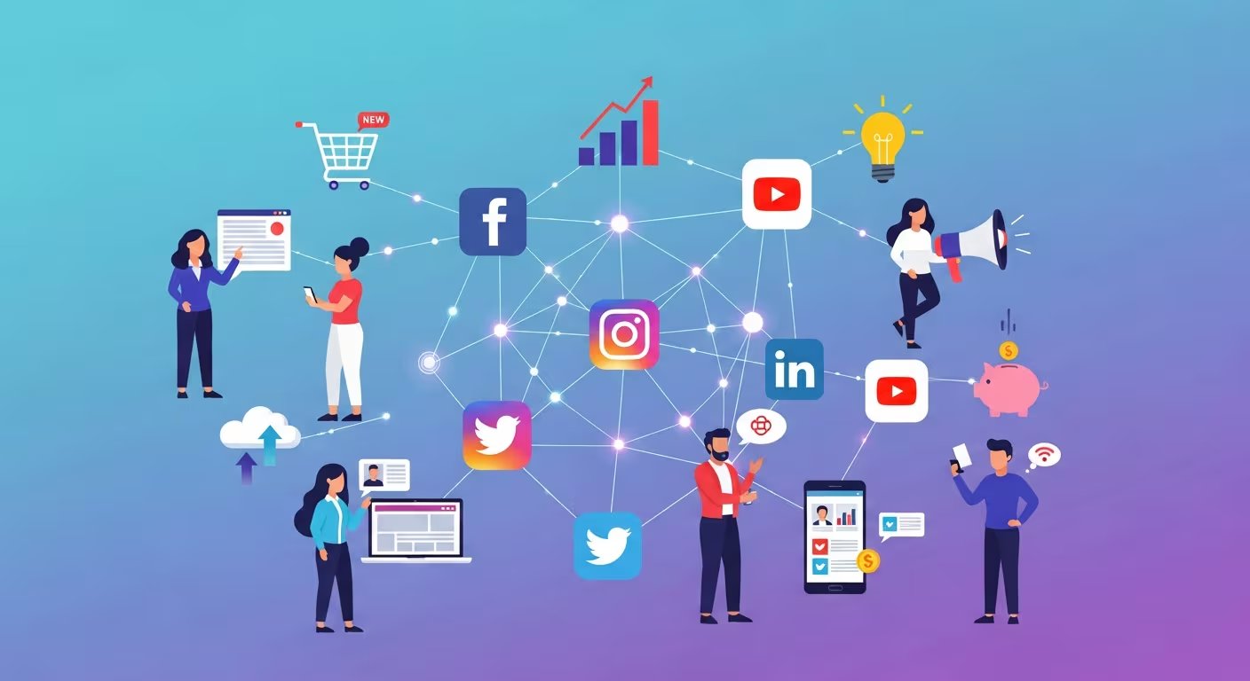 Ilustración que muestra el ecosistema de emprendimientos digitales conectados a través de redes sociales. (Imagen Ilustrativa Infobae)