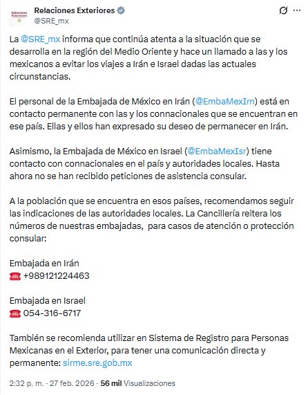 Captura de pantalla del comunicado de la Secretaría de Relaciones Exteriores publicado en redes (X: @SRE_mx)