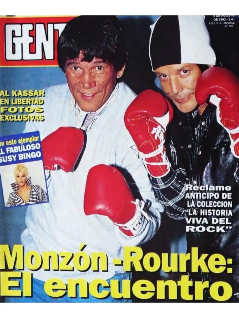 Mickey Rourke y Carlos Monzón juntos en la tapa de Gente durante la visita del actor a la prisión de Las Rosas, Santa Fe, donde el excampeón cumplía una condena por matar a Alicia Muñiz