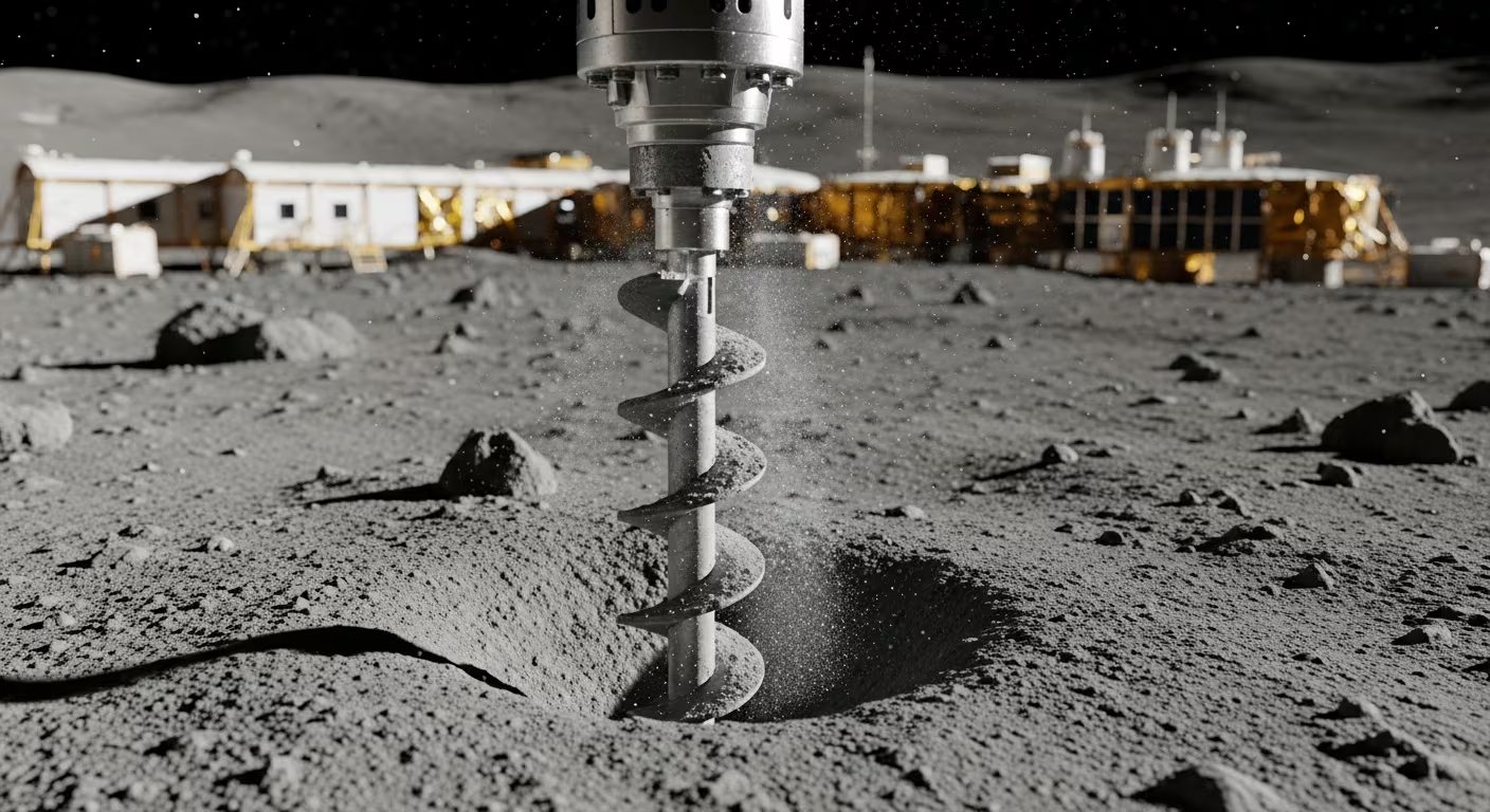 Un taladro automatizado realiza una excavación en el regolito lunar en las proximidades de una base de investigación espacial. En el fondo, se observan módulos habitacionales y de laboratorio, evidenciando la creciente capacidad humana para explorar y estudiar el entorno selenita. Esta actividad forma parte de misiones científicas que buscan comprender la composición, estructura y recursos naturales de la Luna. (Imagen Ilustrativa Infobae)