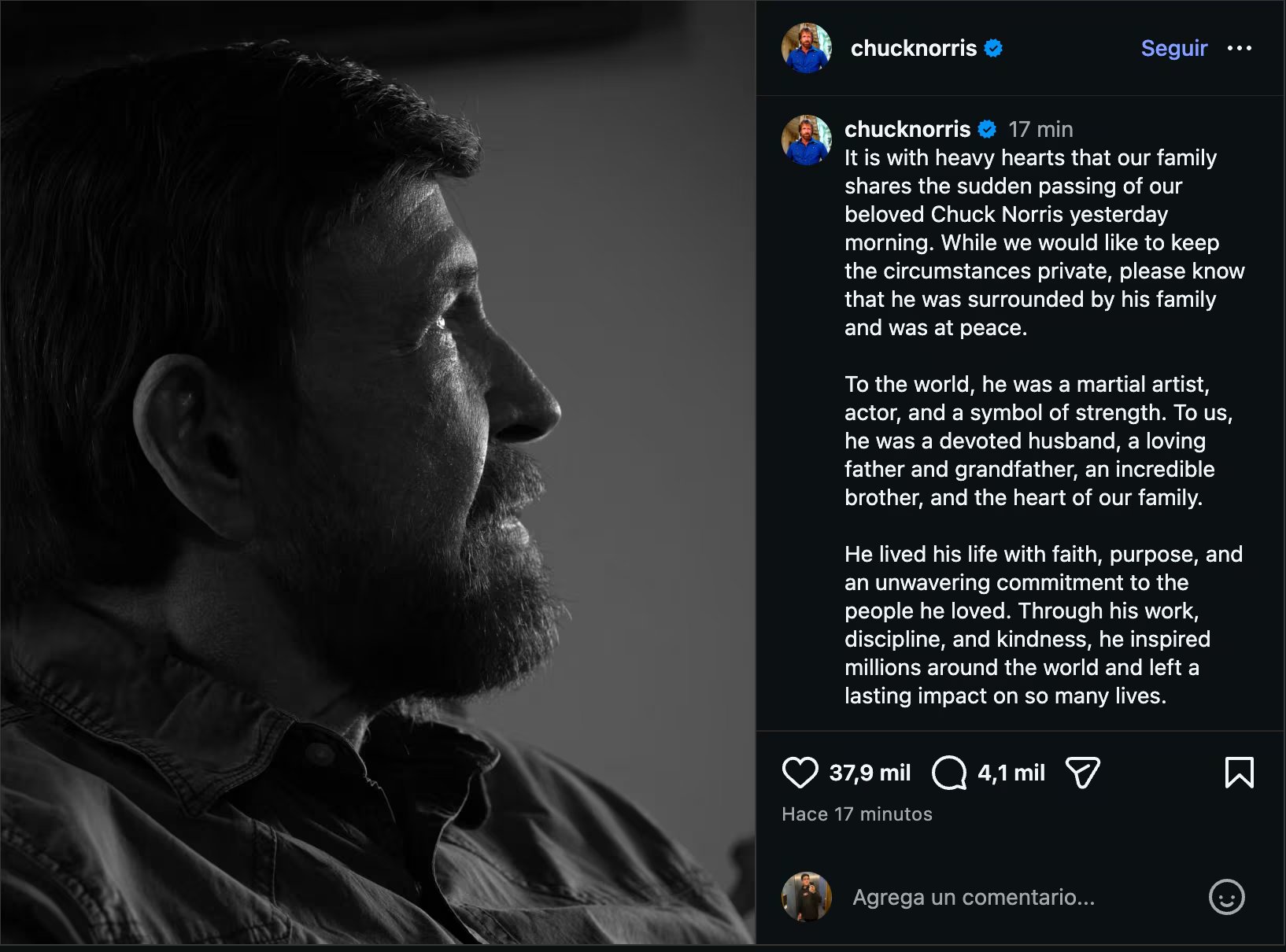Fue a través de las redes sociales de Chuck Norris que su familia confirmó la muerte del actor y artista marcial
(Créditos: Instagram/Chuck Norris)