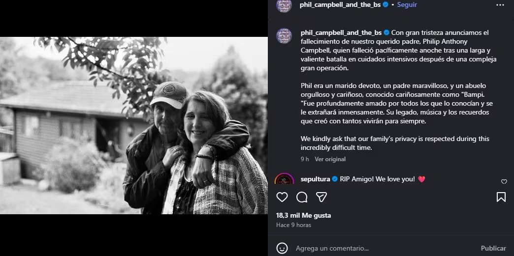 La familia de Phil Campbell dio a conocer la noticia de su muerte en un comunicado de Instagram. (Instagram)