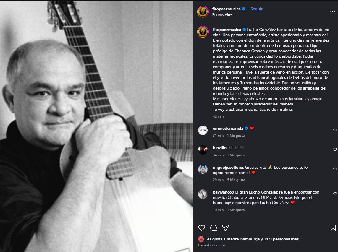 Fito Páez le dedicó unas sentidas palabras al guitarrista fallecido