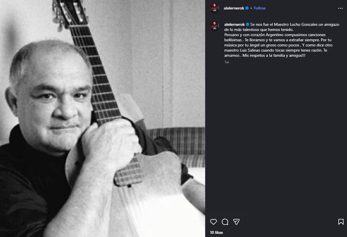 Por su parte, Lerner elogió el talento y la calidez de Lucho ante su partida terrenal (Instagram)