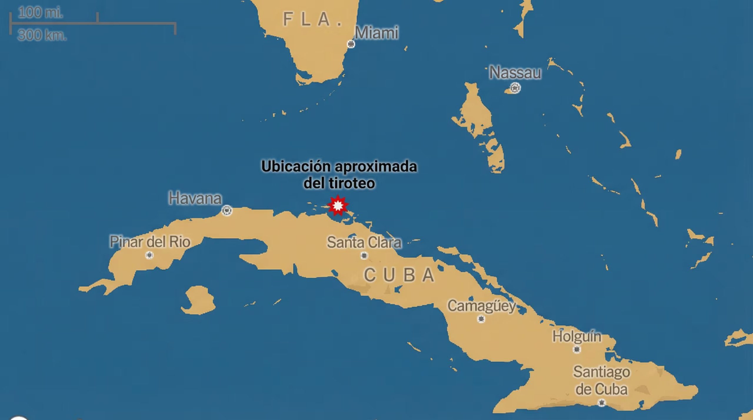 Un mapa geográfico ilustra la ubicación aproximada de un tiroteo marcado con una estrella roja en la costa norte de Cuba, mostrando también ciudades importantes como La Habana, Miami y Nassau. (Imagen Ilustrativa Infobae)