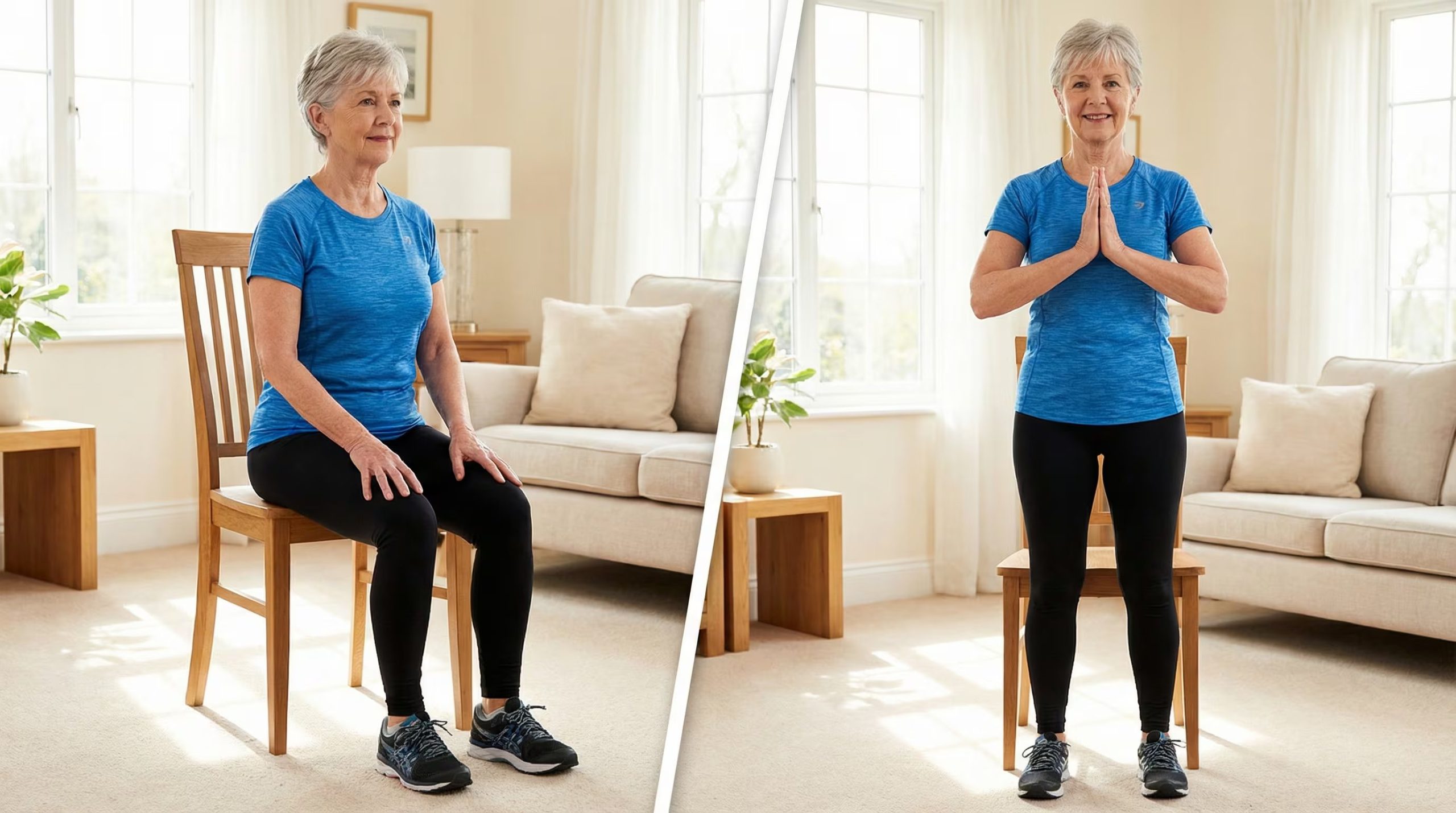 La técnica basada en una silla permite realizar el estiramiento de los tendones del muslo de forma segura y sencilla, evitando sobrecargas y disminuyendo el riesgo de lesiones, ideal para integrar en la rutina diaria desde casa o residencias. (Imagen Ilustrativa Infobae)