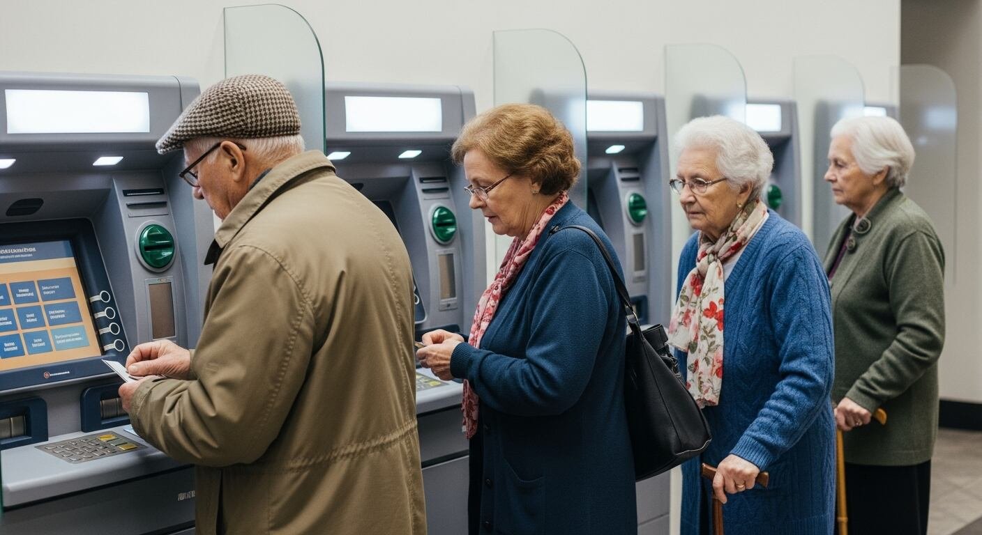 Varias personas mayores hacen fila para usar cajeros automáticos, ilustrando la interacción de la tercera edad con los servicios bancarios modernos (Imagen Ilustrativa Infobae)
