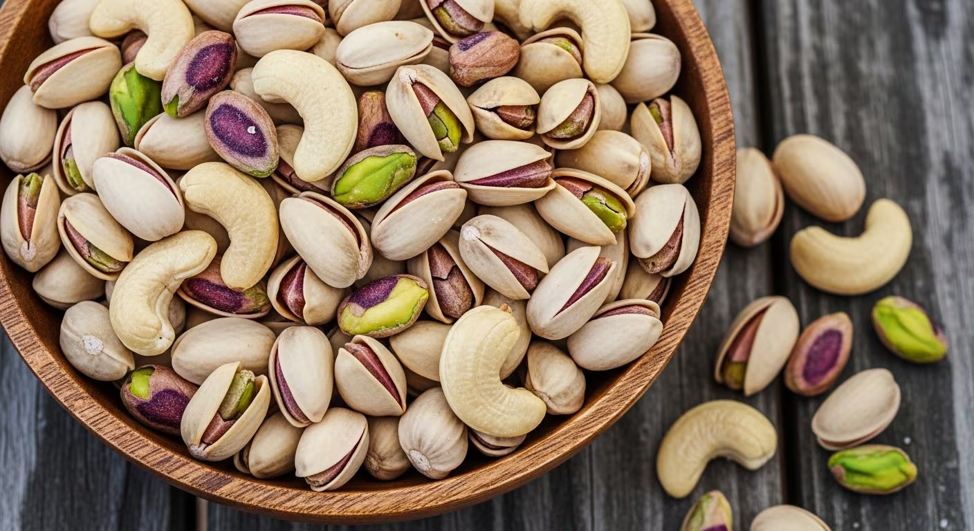 Un tazón de madera rebosante de pistachos en cáscara y castañas de cajú crudas sobre una superficie de madera gris, listos para ser disfrutados como un snack saludable. (Imagen Ilustrativa Infobae)